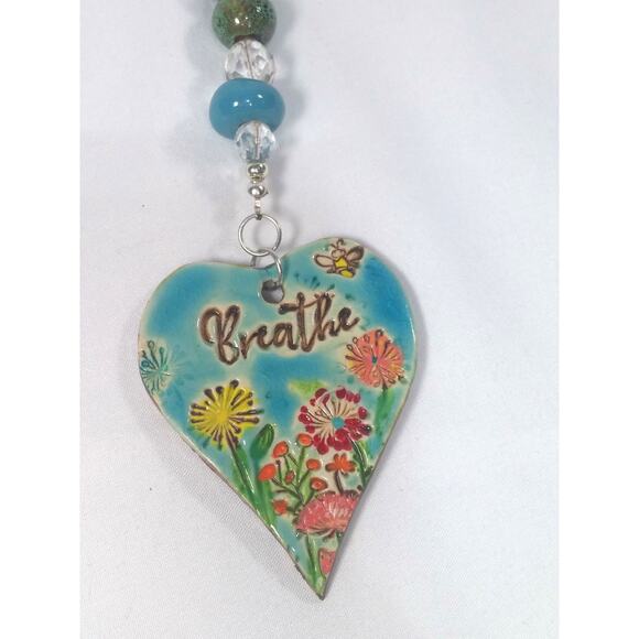 Artisan Ceramic Heart Suncatcher Says Breathe Ceramic Beads Clear Faceted Glass - Picture 7 of 15